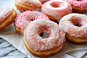 An assortment of donuts with pink and white icing, some decorated with colorful sprinkles and others with a dusting of photo