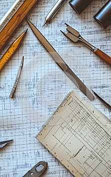 An assortment of drafting tools on graph paper for design and engineering projects