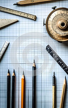 An assortment of drafting tools on graph paper for design and engineering projects