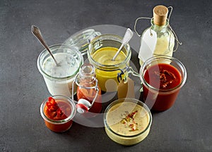 Assortment of dressings, sauces and condiments