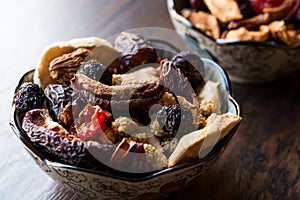 Assortment dried fruits; Apple apricot mulberry cranberry date raspberry red raisin and fig in bowl.