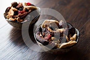 Assortment dried fruits; Apple apricot mulberry cranberry date raspberry red raisin and fig in bowl.