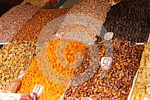 Assortment of dried fruits. Marrakech . Morocco