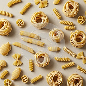 An assortment of dried pasta types is arranged on a light surface. Varieties include