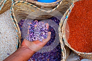 Assortment of dry beans in for sale at a local street food market in Mto Wa Mbu, Arusha, Tanzania, east Africa
