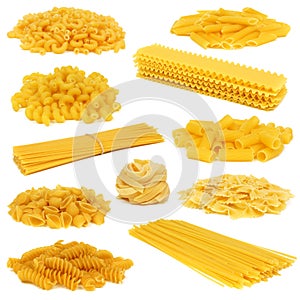 Assortment of dry pasta isolated on white