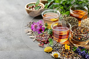 Assortment of dry tea, healing herbs with flowers. The image is generated with the use of an AI.