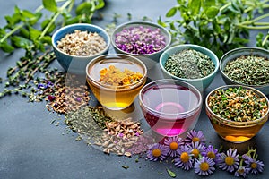 Assortment of dry tea, healing herbs with flowers. The image is generated with the use of an AI.