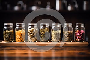Assortment of dry tea jars in a row Panoramic banner. Red, fruit, green, black and herbal leaves dried fresh dessert