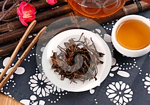 Assortment of dry tea in spoons, on wooden background