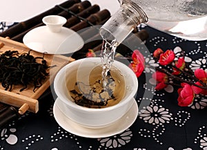 Assortment of dry tea in spoons, on wooden background