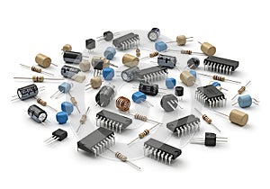 Assortment of Electronic Components Scattered on a White Background