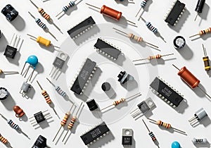 Assortment of Electronic Components Scattered on a White Surface