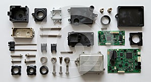 An assortment of electronic and mechanical components arranged on a white