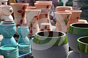 Assortment of empty flowerpots.