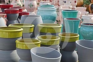 Assortment of empty flowerpots.