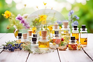 assortment of essential oils in clear bottles on wooden table