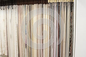 Assortment of fabric samples for curtains, close up