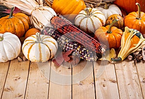 Assortment of Fall Pumpkins and Indian Corn