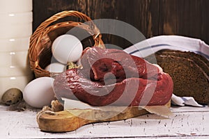 Assortment of farmer products over wooden background