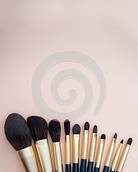 Assortment of female make-up of various face brushes. A set of professional dark blue and golden makeup brushes on a