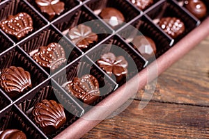 Assortment of fine chocolate candies, white, dark, and milk chocolate sweets background