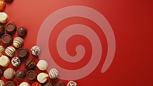 Assortment of fine chocolate candies, white, dark, and milk chocolate Sweets on red background.