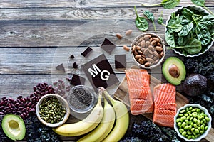 An assortment of food high in magnesium with the element symbol MG.