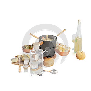 an assortment of foods and cheese, 3d rendering