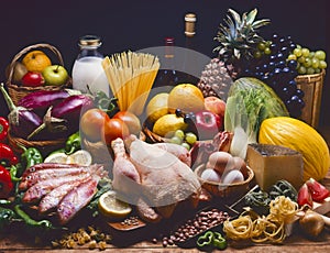 Assortment of foods on wooden table