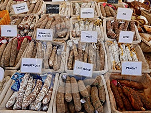 Assortment of French sausages at local farmer's market in Aix-en-Provence, Provence, France.