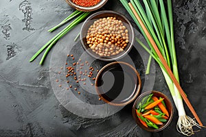 Assortment of Fresh Asian Ingredients for Healthy Cooking on Dark Stone Background, Top View with Copy Space