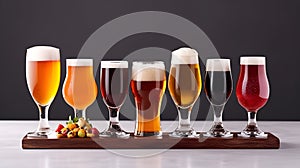 Assortment of fresh beer in different drinking glasses standing in line on a wooden board on grey background. Set of juicy fruit