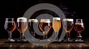 Assortment of fresh beer in different drinking glasses standing in line on a wooden table on dark background. Set of juicy fruit