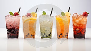 An assortment of fresh boba cocktails in glasses on a white background