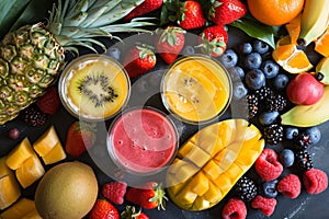 Assortment of fresh, colorful fruits and smoothies