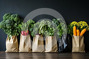 Assortment of Fresh Colorful Fruits and Vegetables in Shopping Bag on Teal Blue Background