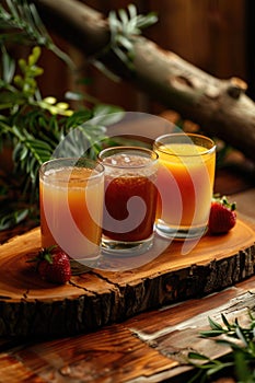 Assortment of fresh fruit juices in clear glasses on rustic wooden tray, healthy drinks concept