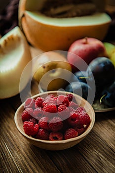 Assortment of fresh fruits and berries. Fruits plum, apple, pear.