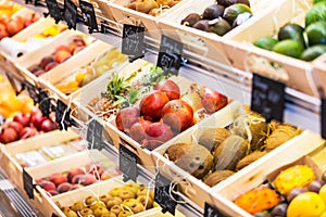 Assortment of fresh fruits in the grocery store