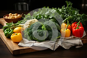 Assortment of fresh fruits and vegetables. Fresh vegetables in the eco cotton bag at the kitchen counter. Top view of healthy