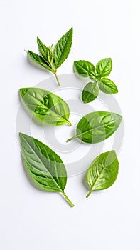Assortment of Fresh Green Herbs Including Basil Mint and Spinach Leaves
