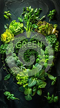 Assortment of fresh green vegetables and herbs forming a heart shape around the word GREEN, emphasizing healthy eating