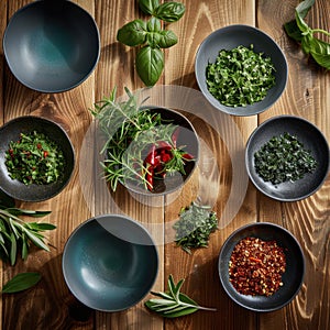 Assortment of Fresh Herbs and Spices in Ceramic Bowls on Wooden Surface