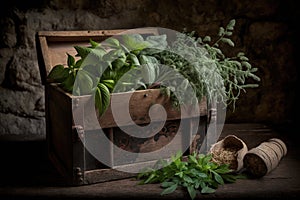 an assortment of fresh herbs in a wooden box, set against a stone wall