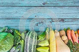 Assortment of fresh organic farm vegetables on a painted blue wooden background