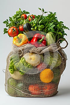 An assortment of fresh organic produce, neatly arranged in a string bag