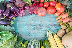 Assortment Fresh Organic Vegetables On A Blue Wooden Background