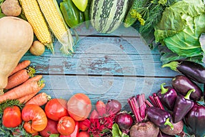 Assortment Fresh Organic Vegetables On A Blue Wooden Background