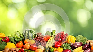 Assortment of fresh organic vegetables and fruits on blurred green background